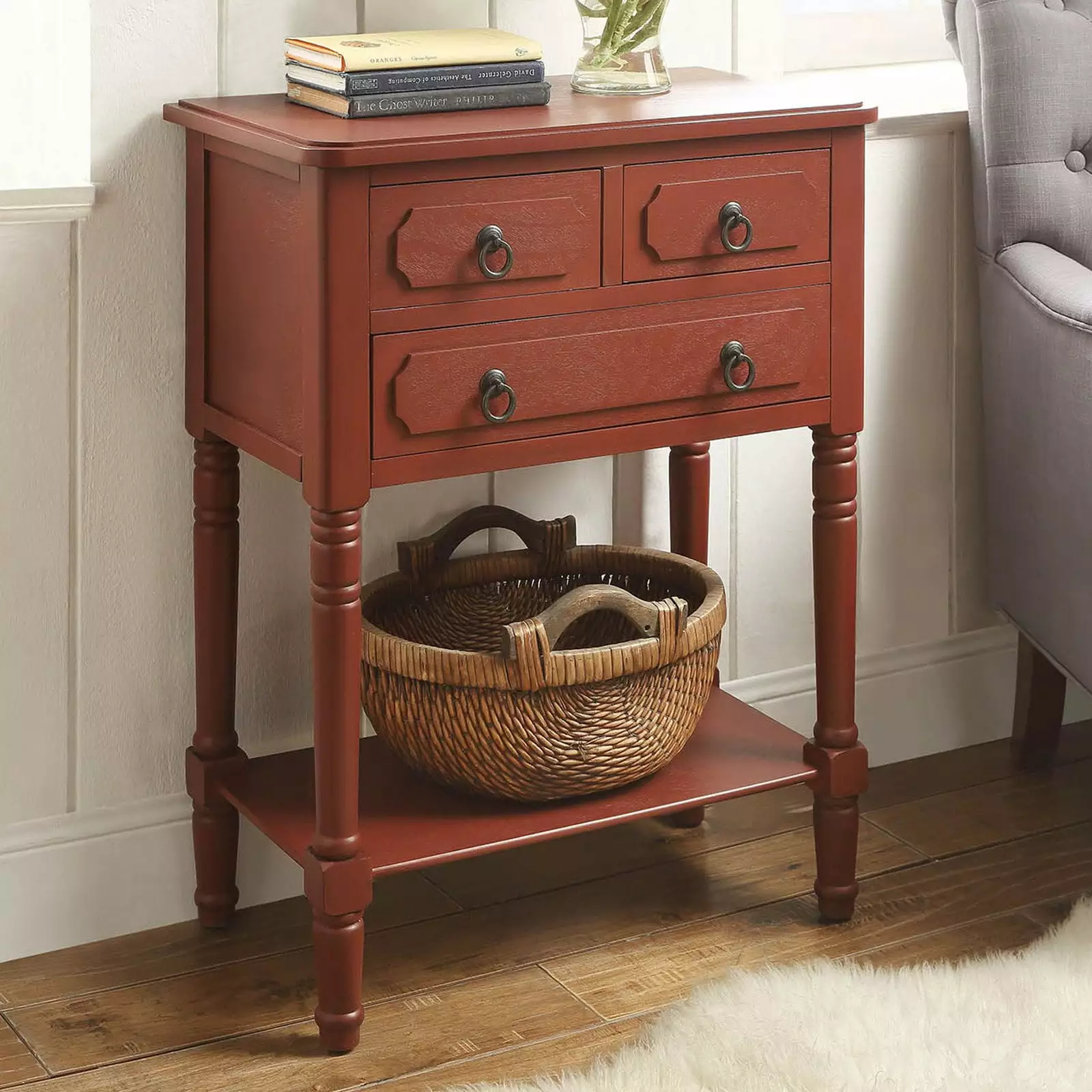 4D Concepts Simplicity 3-Drawer Wooden Entry Hall Chest Cottage Red Finish