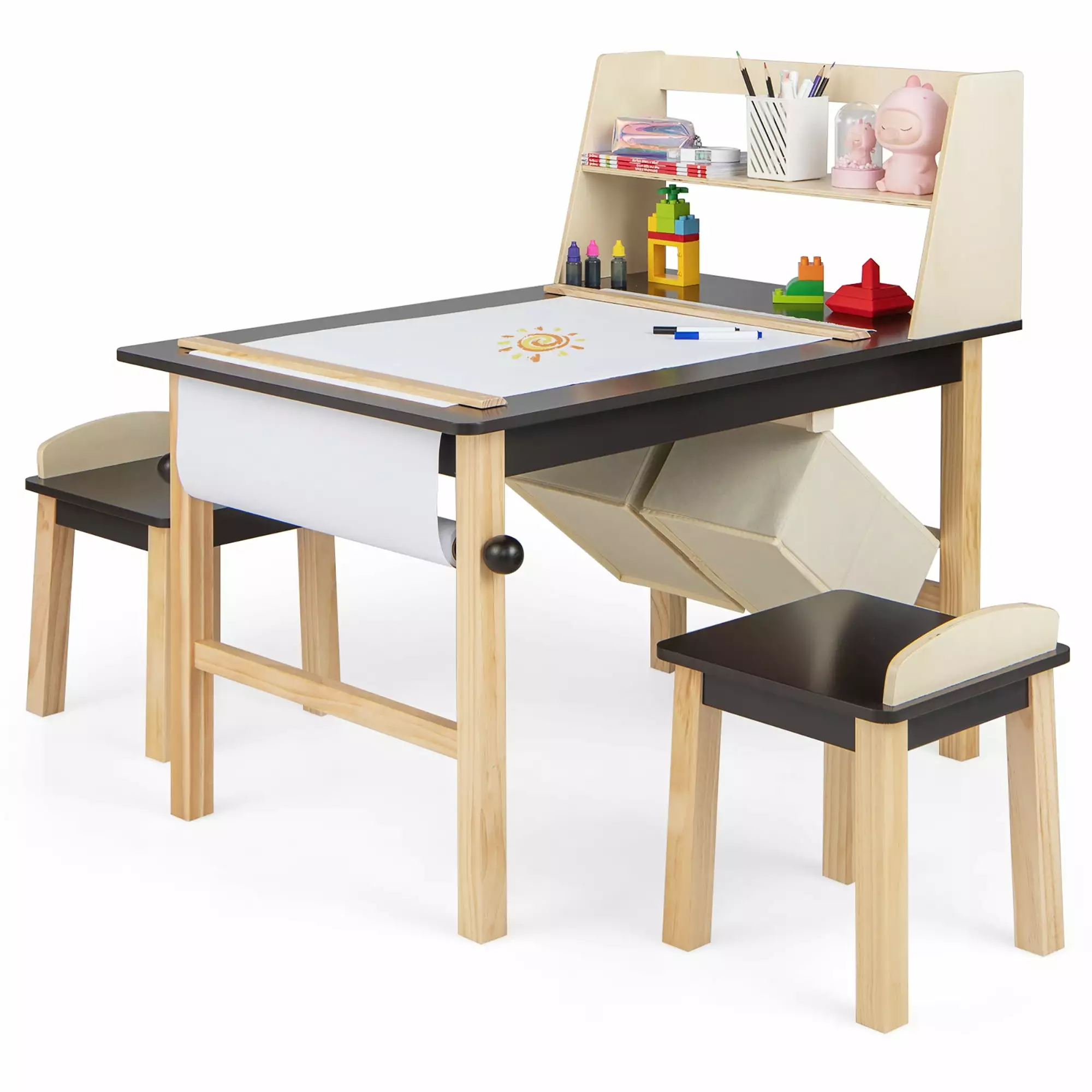 Costway Kids Art Table & Chairs Set Wooden Drawing Desk Paper Roll Storage Shelf Bins
