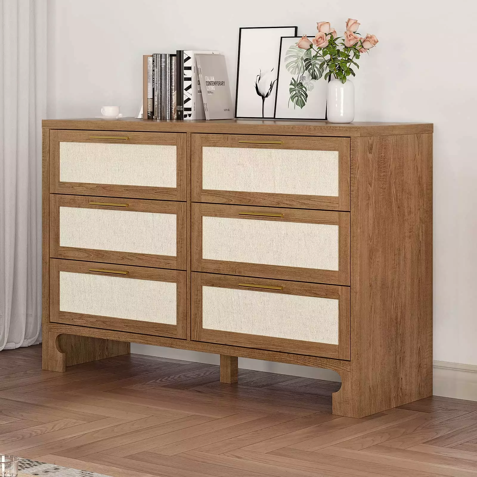 Litake 6 Drawer Dresser Burlap Design - Caramel Wooden Chest Drawers Bedroom Living Room