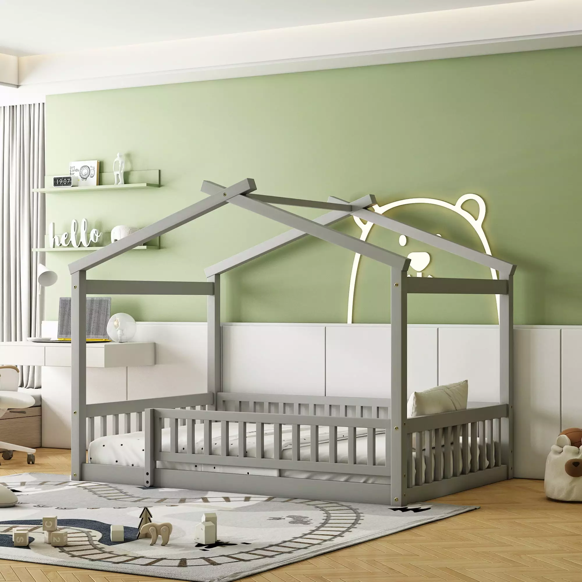 Gewnee Full Floor Bed Kids Wooden Houtilize Bed Frame Fence Kids Teens Gray