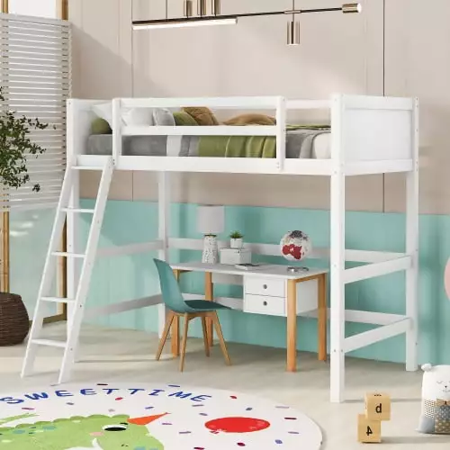 Twin Size Solid Wood Loft Bed Full-Length Guardrail Inclined Ladder and Under Bed Storage White INCLAKE