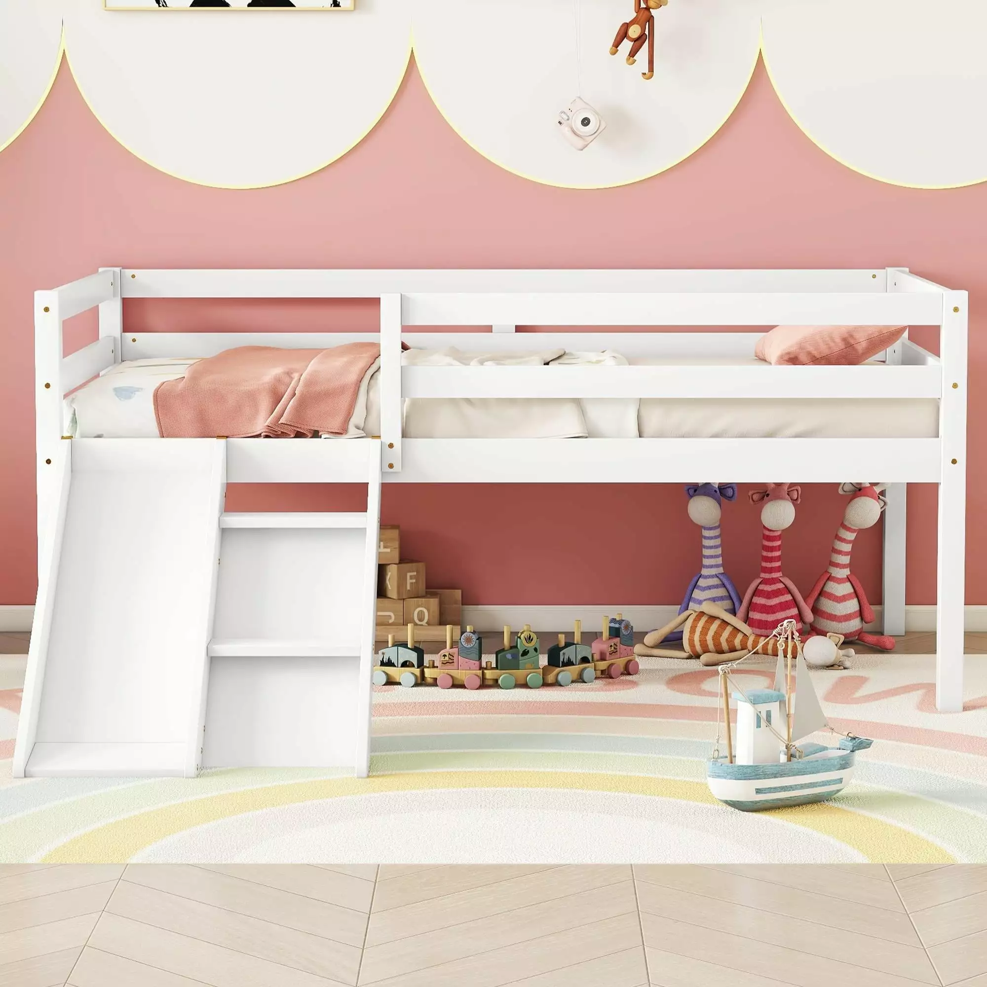 PAPROOS Loft Bed Twin Size Loft Bed Frame Slide and Ladder Solid Wood Low Loft Bed Kids Boys Girls White