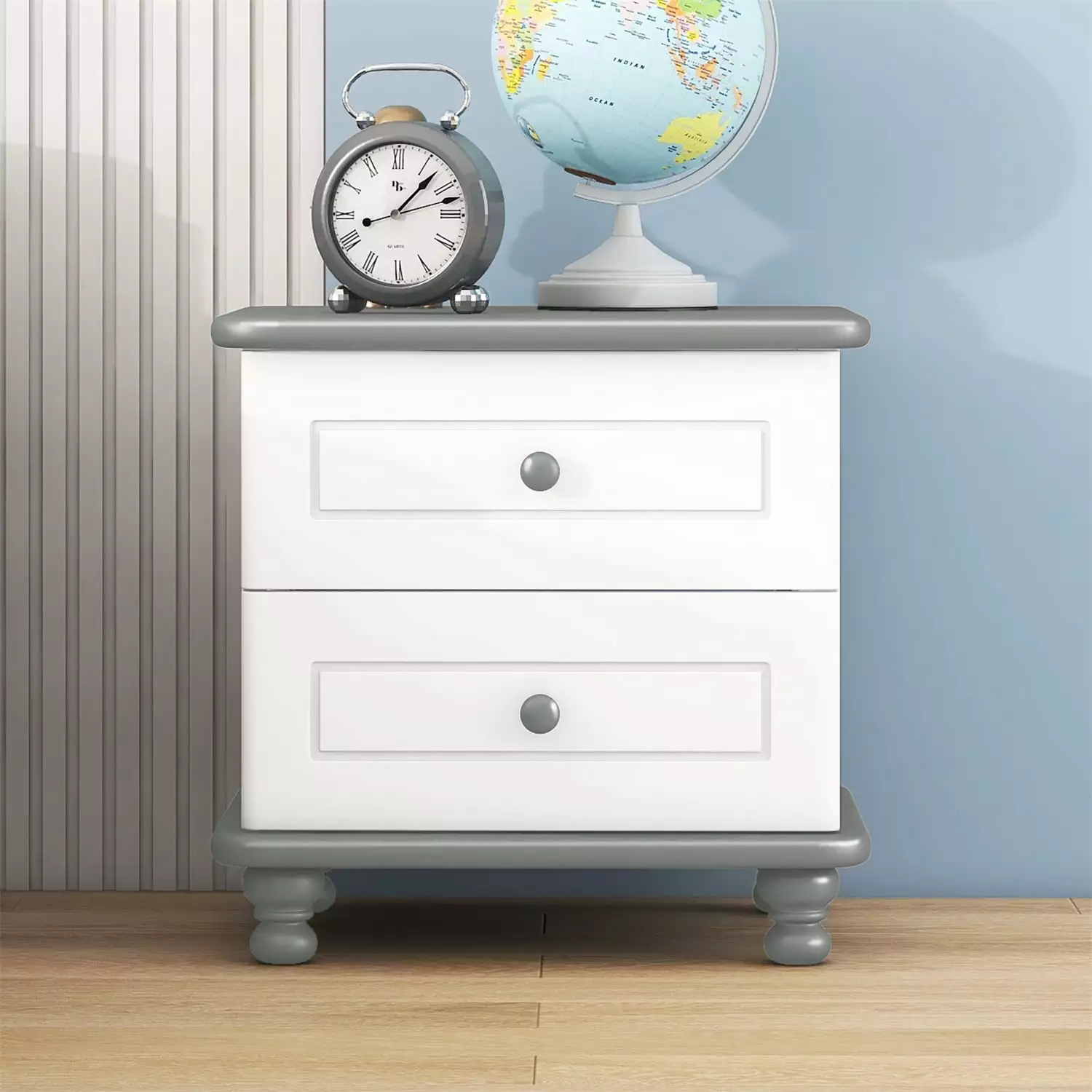 Nightstand 2 Storage Drawers Cute Wooden Bedside Table Round Handle Storage Cabinet White Gray Triple Tree