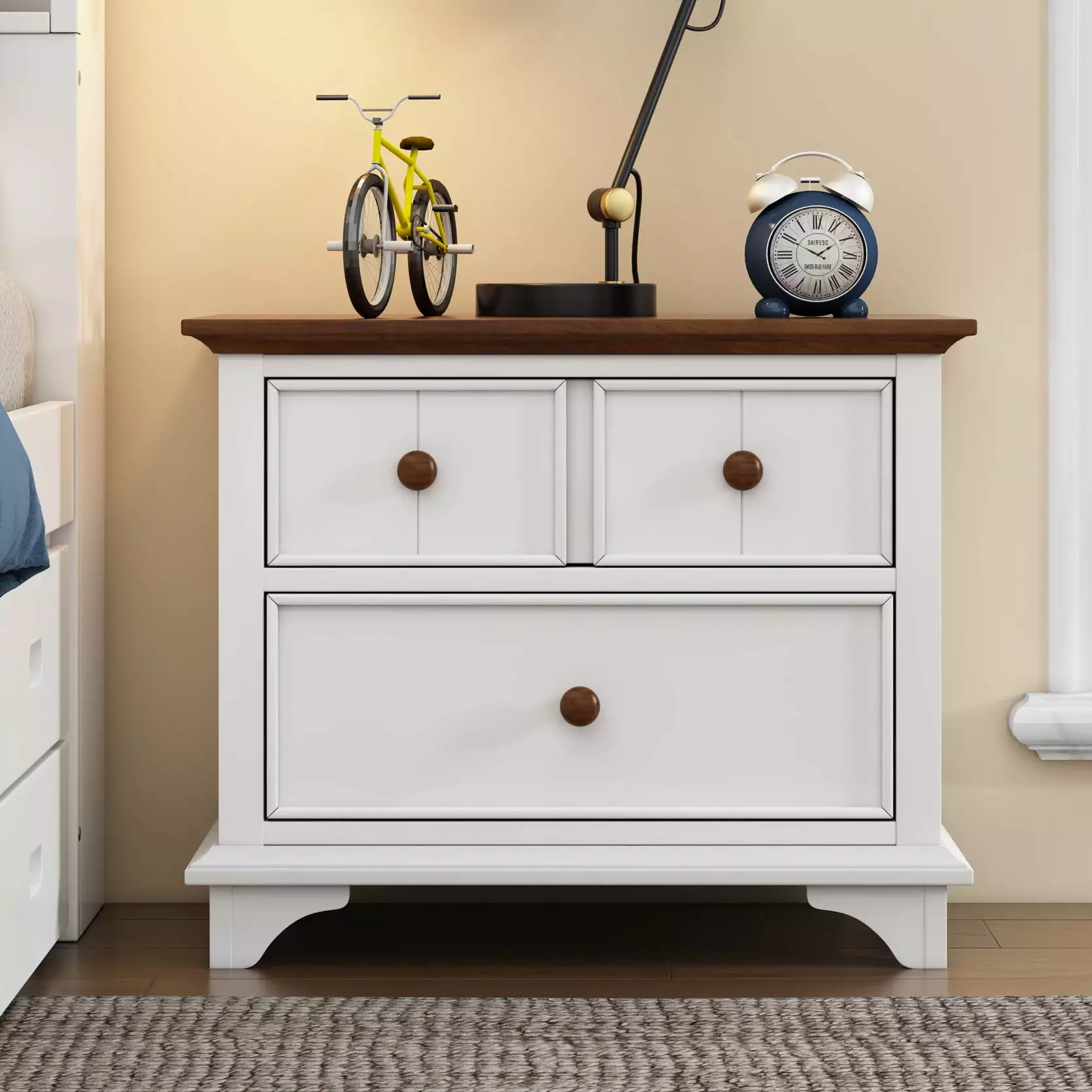Wooden Captain Nightstand 2 Drawers End Table Side Table Bedroom Living Room Kids Room Dorm White Walnut Triple Tree