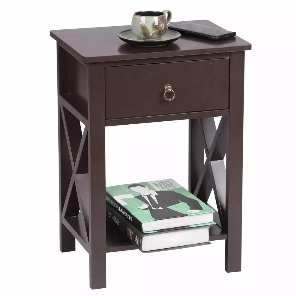 Zimtown Brown Bedside Nightstand - End Table Drawer and Shelf - Sofa Side Table Storage