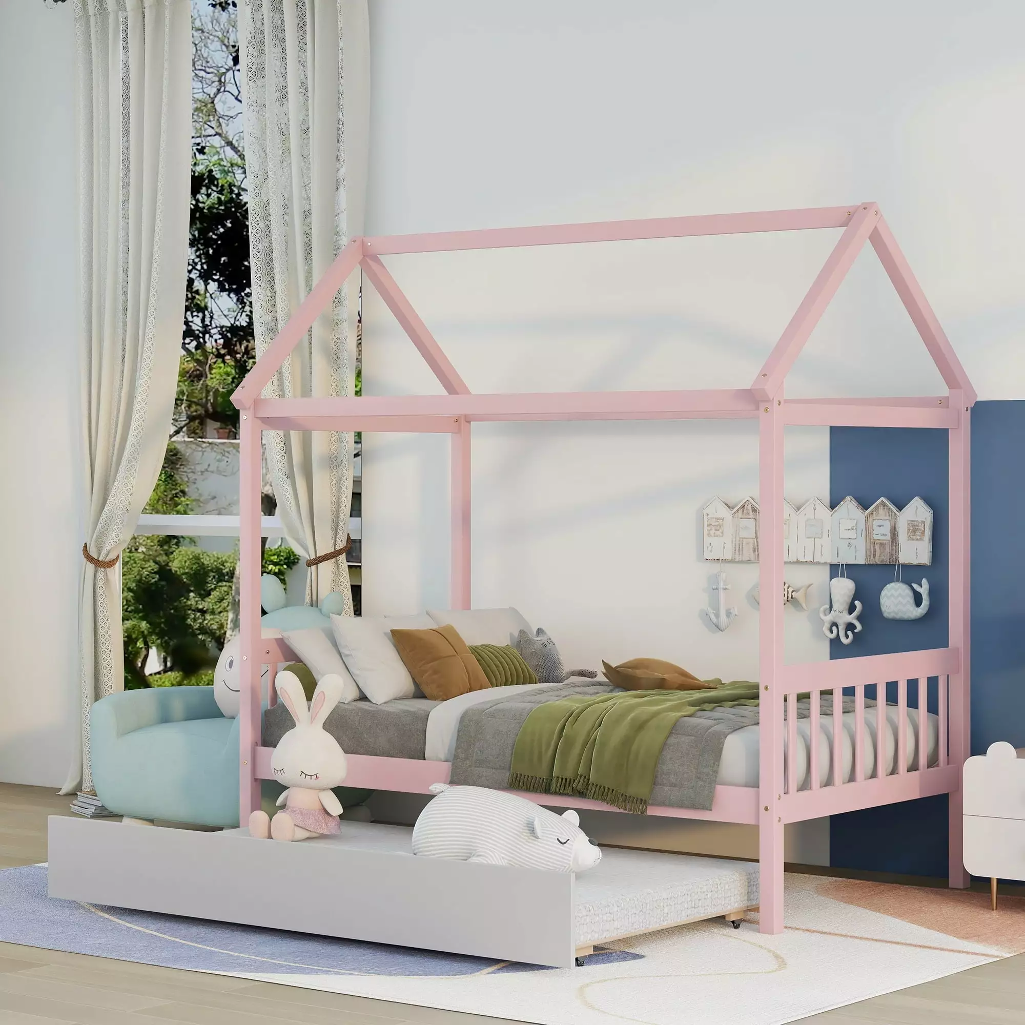 EUROCO Pine Wood Playhouse Bed Trundle Kids Bedroom Pink