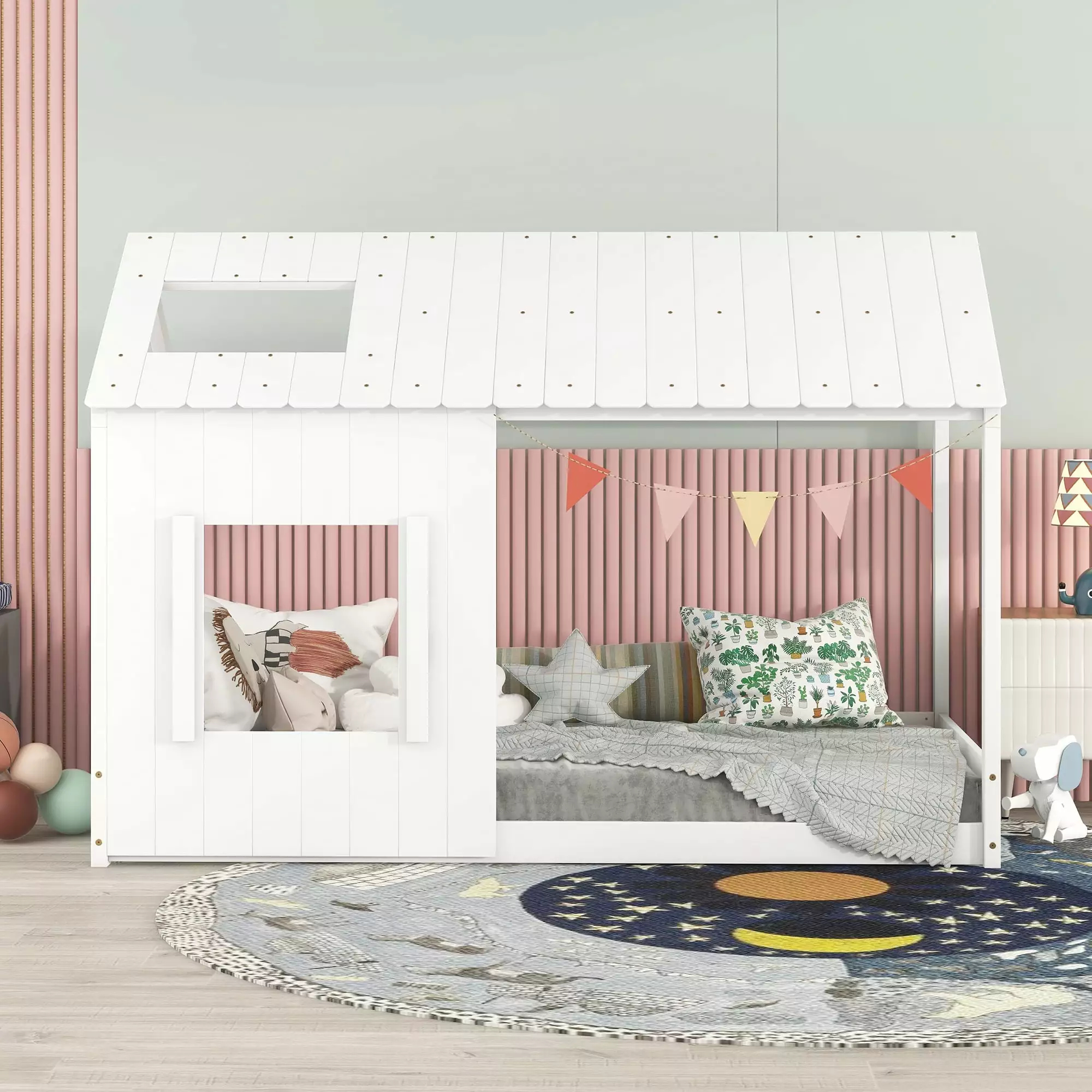 Gewnee Twin Size Wood Playhouse Bed Roof and Windows Kids Room White