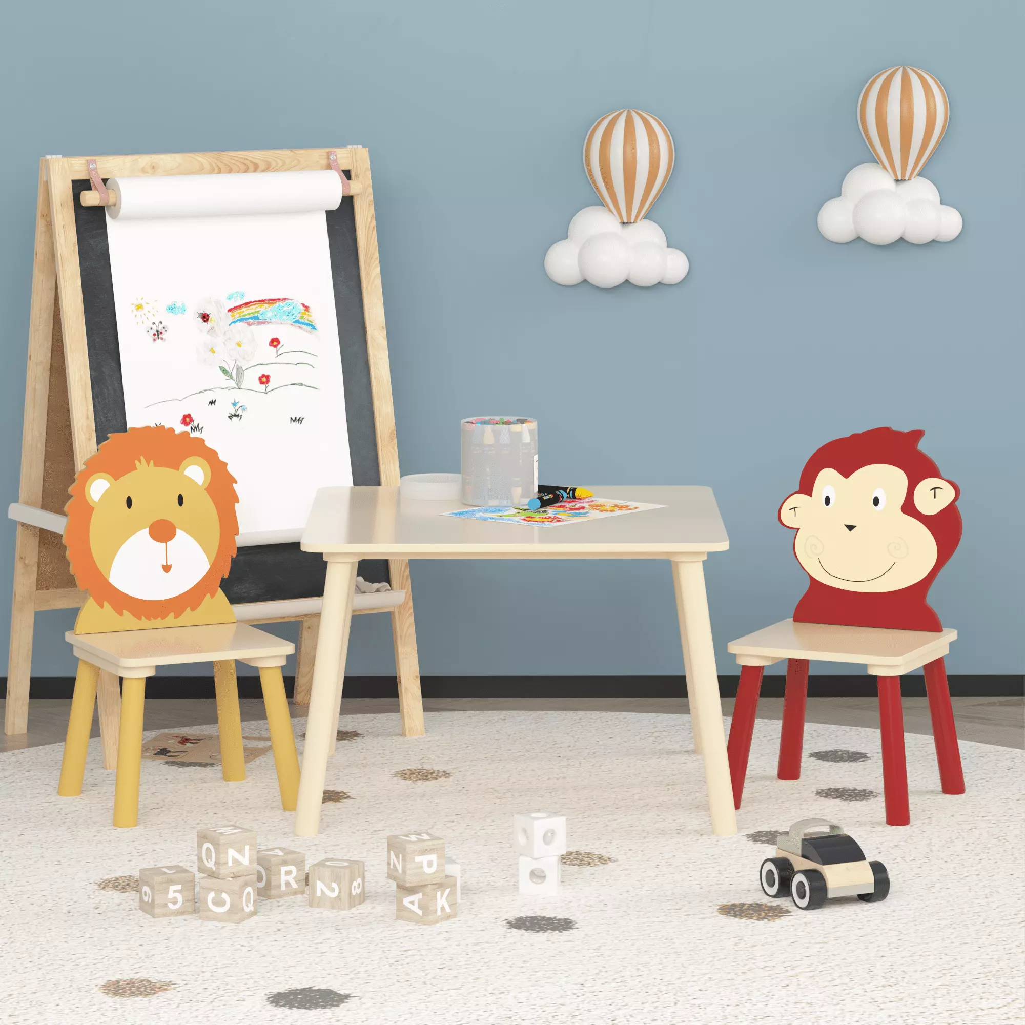 DeeHome Kids Table and 2 Chairs Set Wooden Activity Play Table Set Lion & Monkey