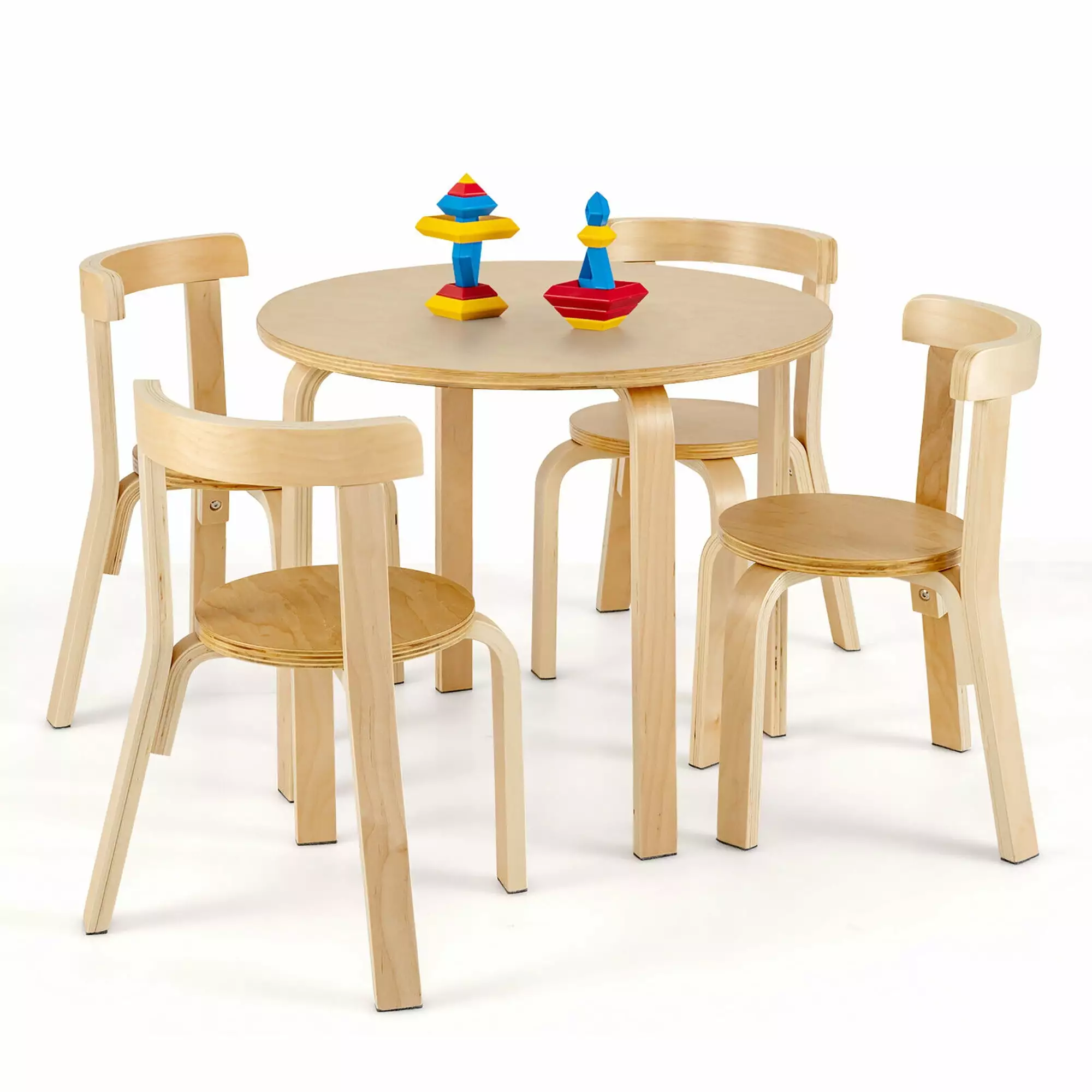 Gymax 5-Piece Kids Wooden Activity Table and Chair Set Toy Bricks Natural