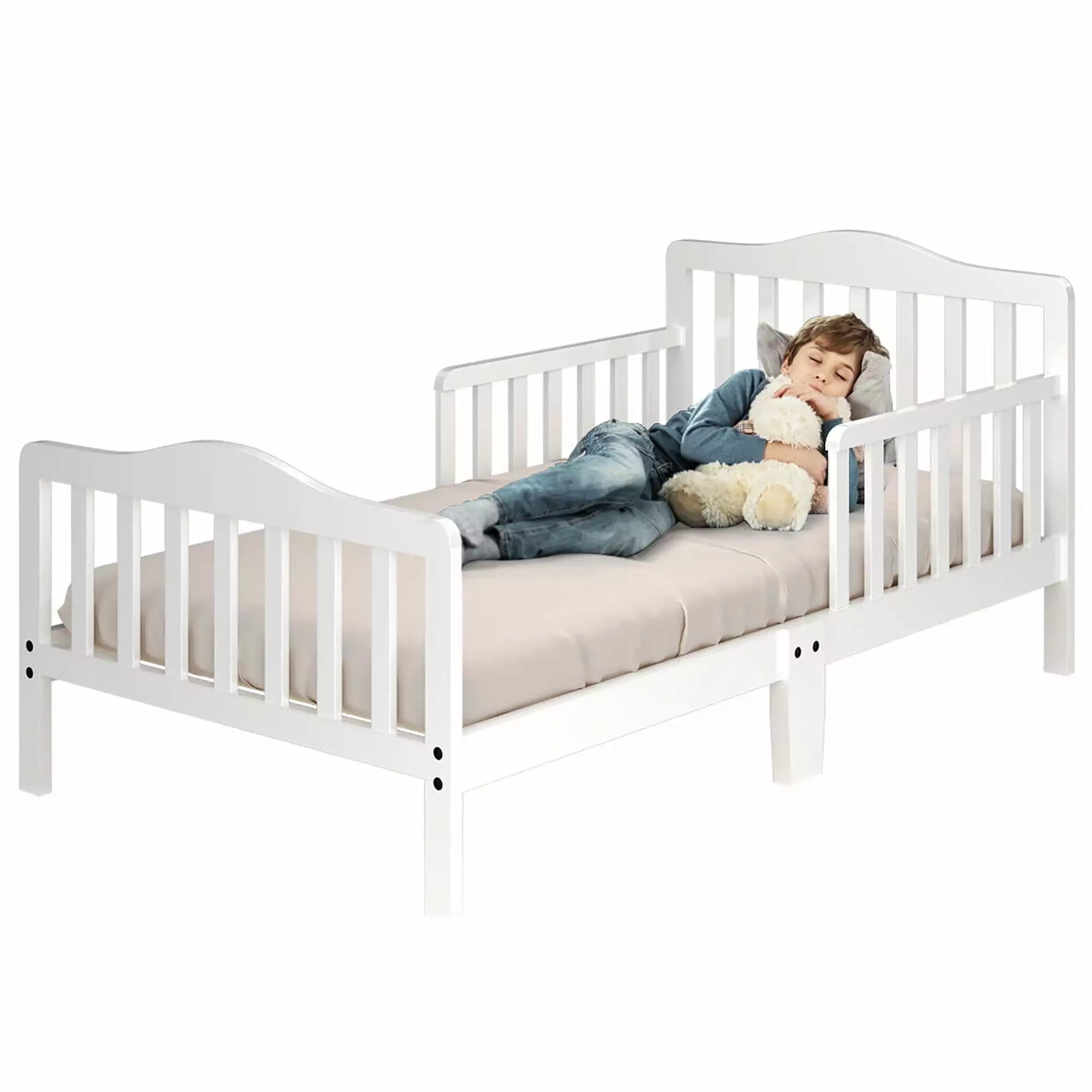 Costway Kids Toddler Wood Bed Bedroom Furniture Guardrails White