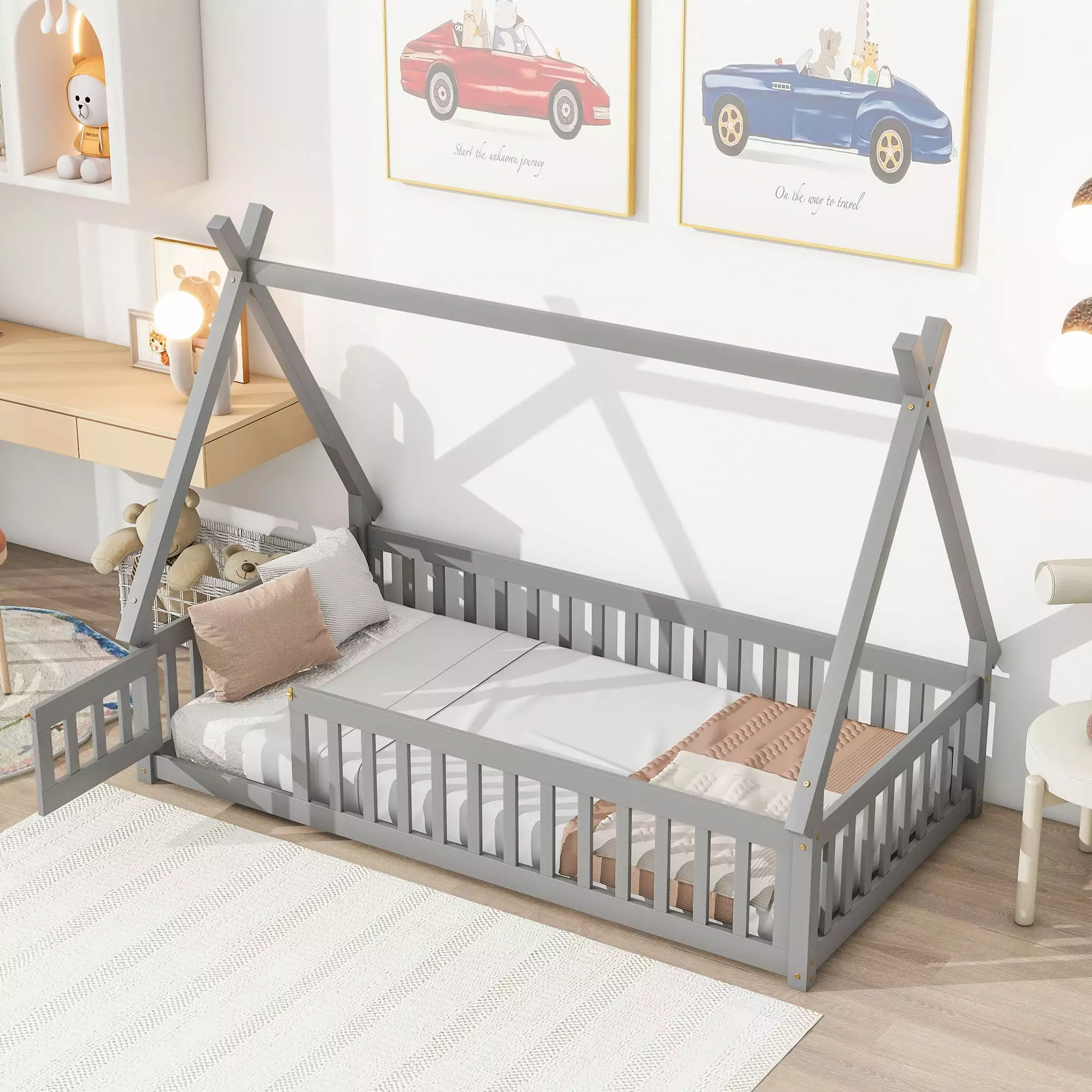 uhomepro Twin Floor Toddler Bed Frame Kids Tent-shaped Houtilize Bed Fence Low Wood Beds Girls Boys White