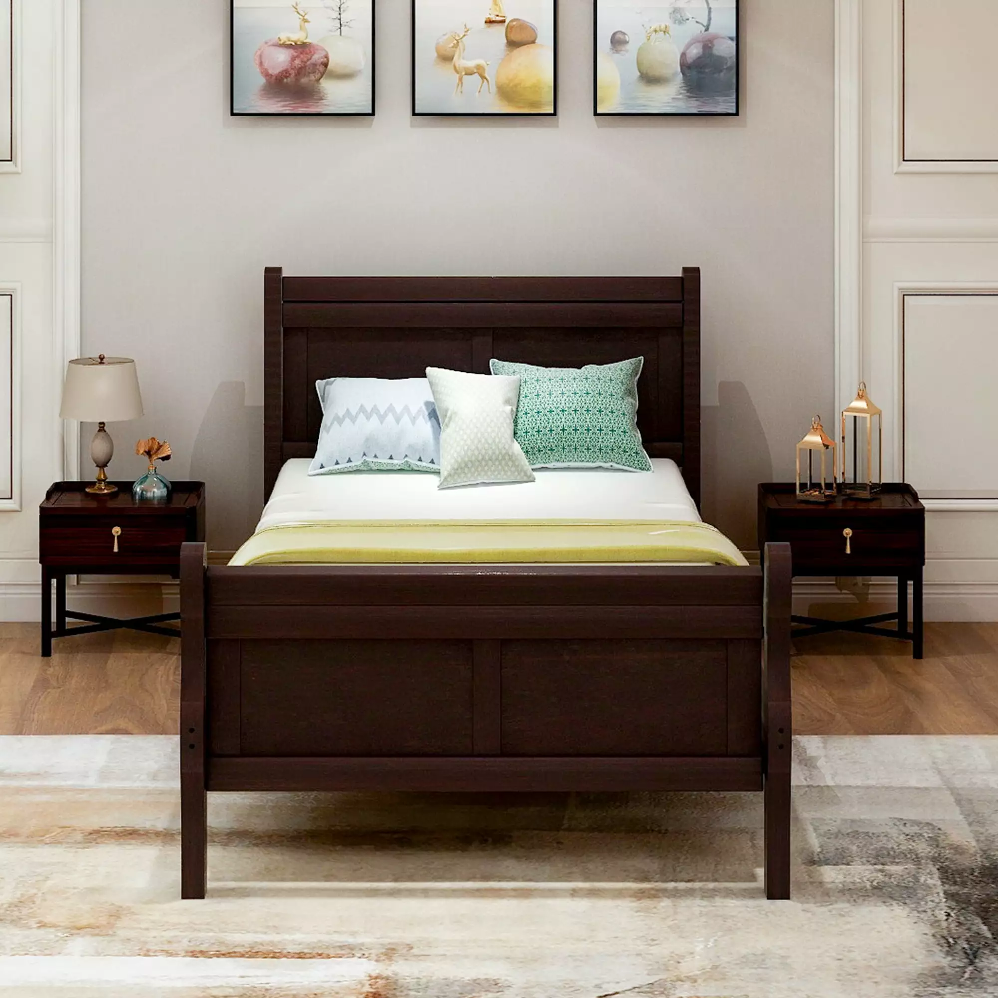 Bellemave 41.3 Twin Size Solid Wood Sleigh Platform Bed Headboard and Footboard Espresso Brown