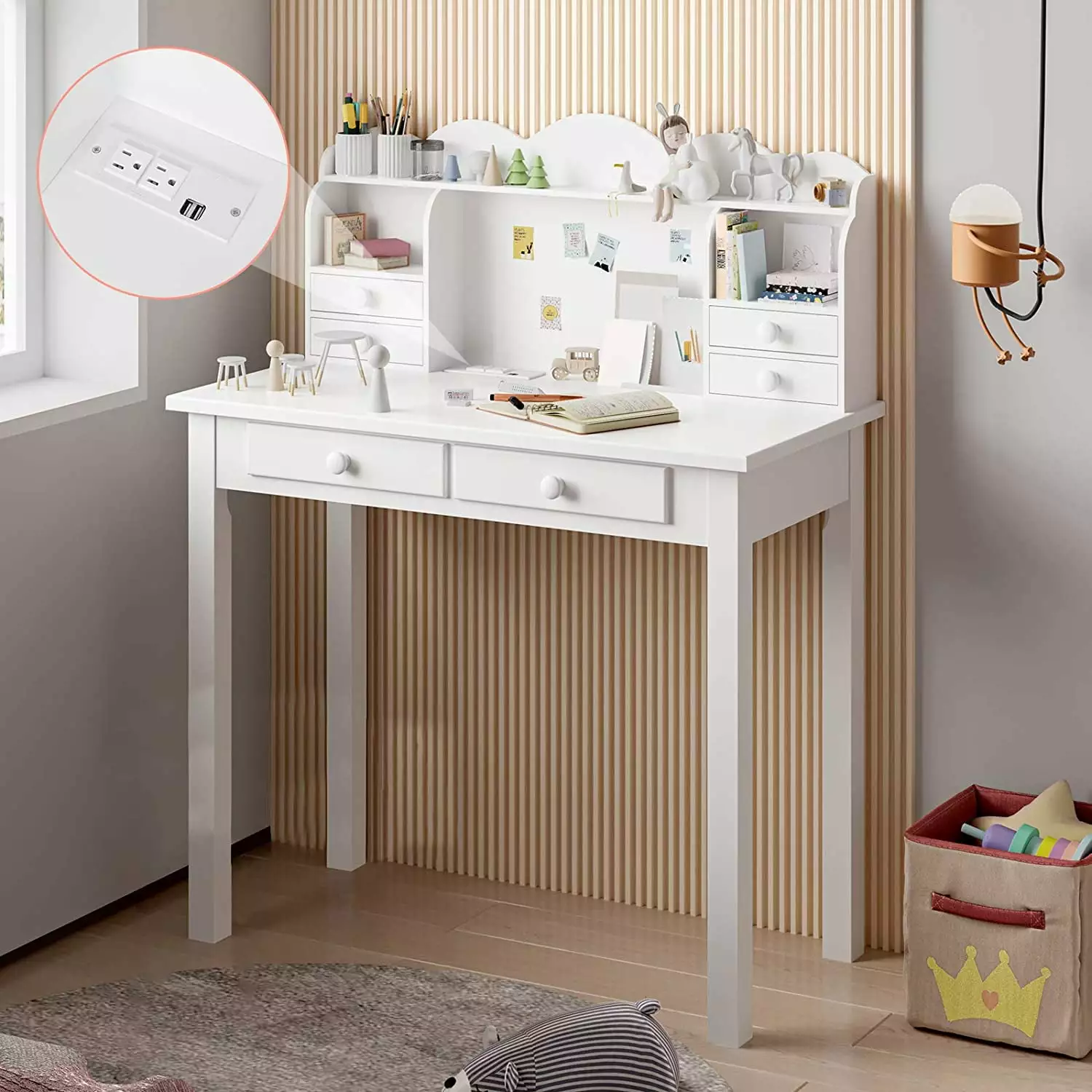 Afuhokles 31.5 Inch Writing Desk Hutch and USB Ports - White Modern Office Desk