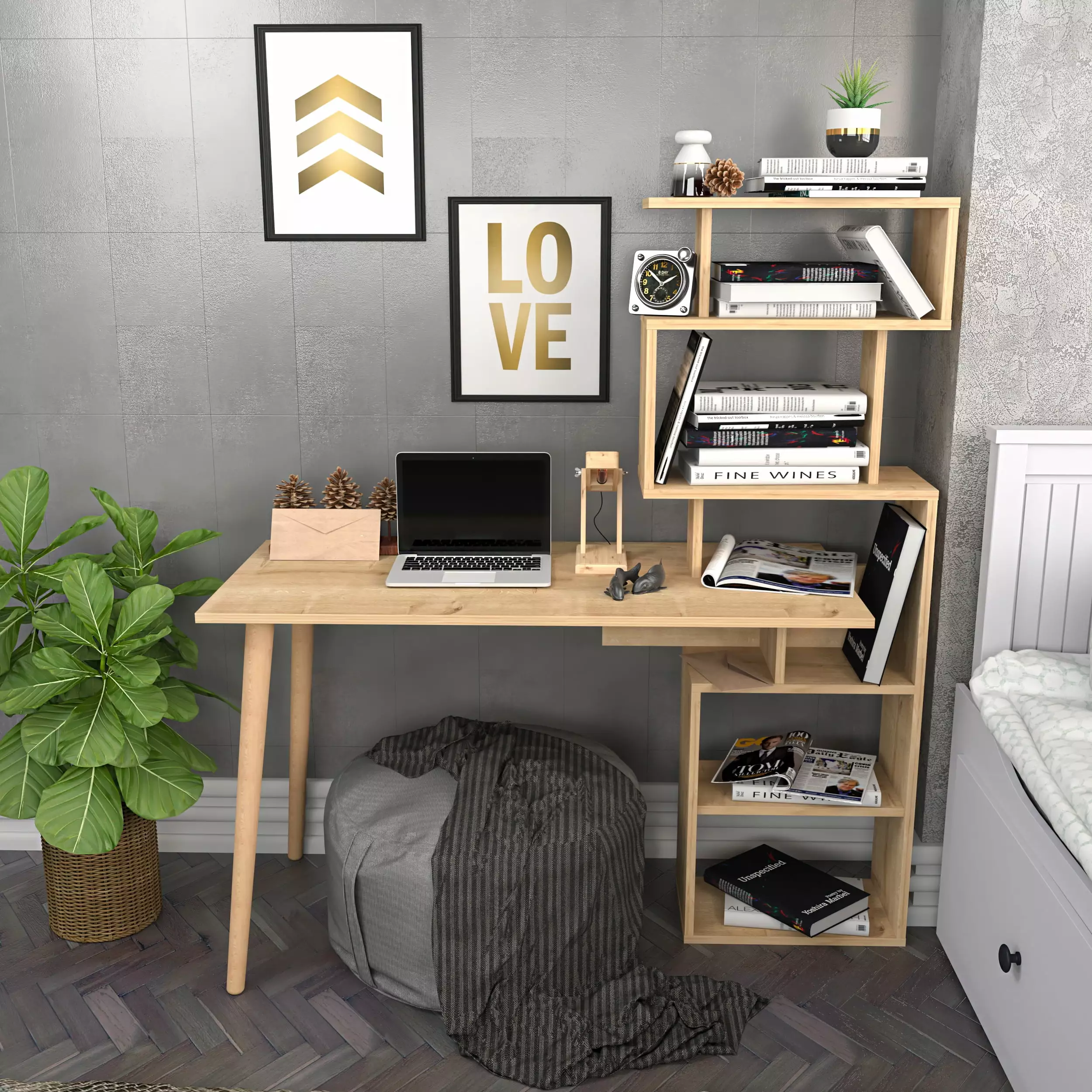 Decorotika Vina Modern Wood Computer Writing Desk Two Shelves Oak Home Office Furniture