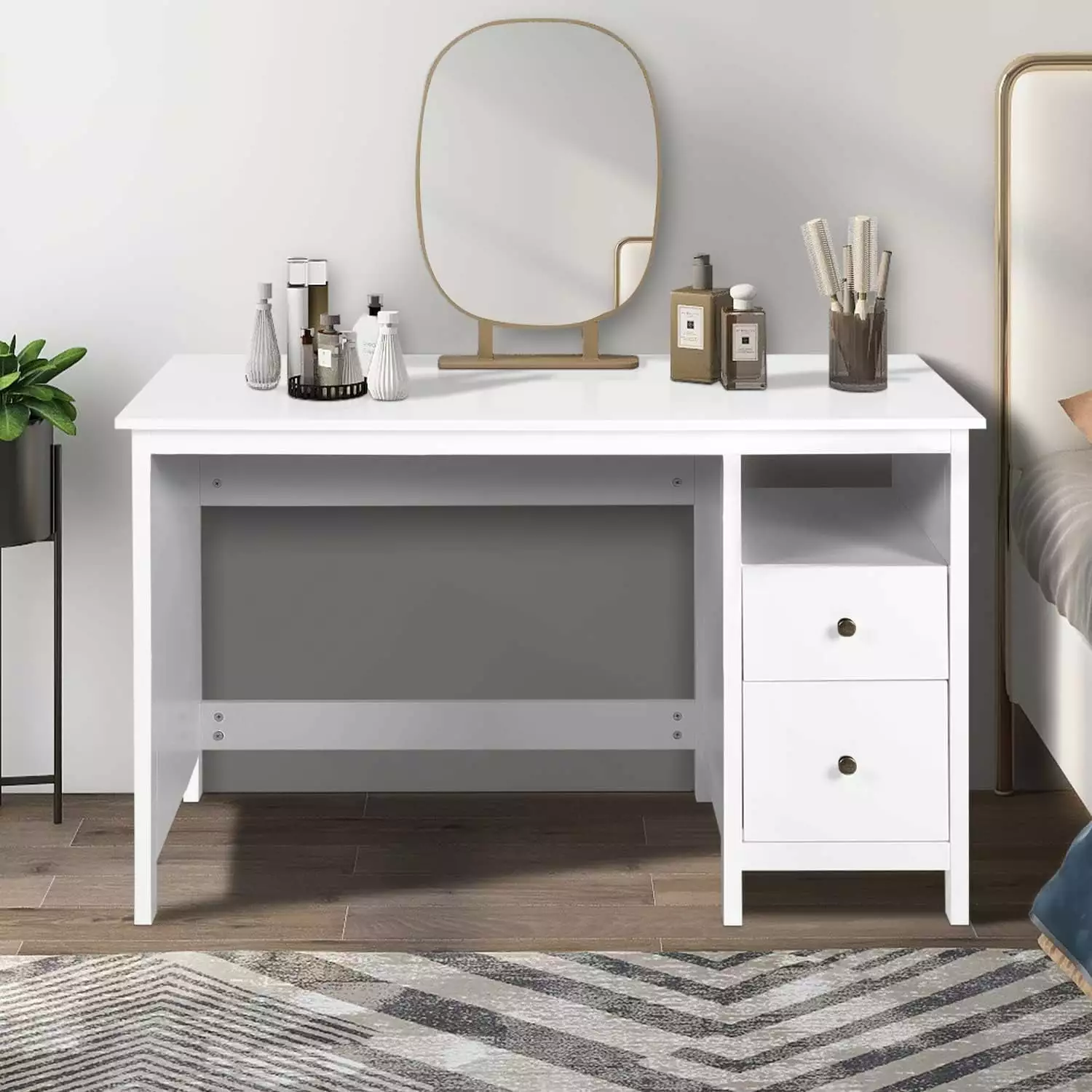 ENSTVER 47 Inch White Writing Desk Drawers Storage Cabinet Open Shelf