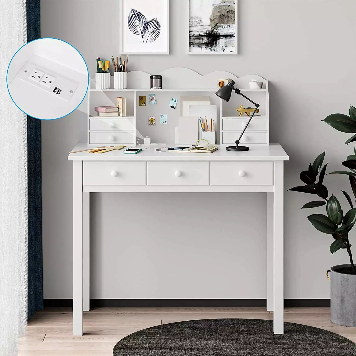 Writing Desk USB Port 7 Drawers 36.2 Inch Home Office Computer Work Station White Mabor