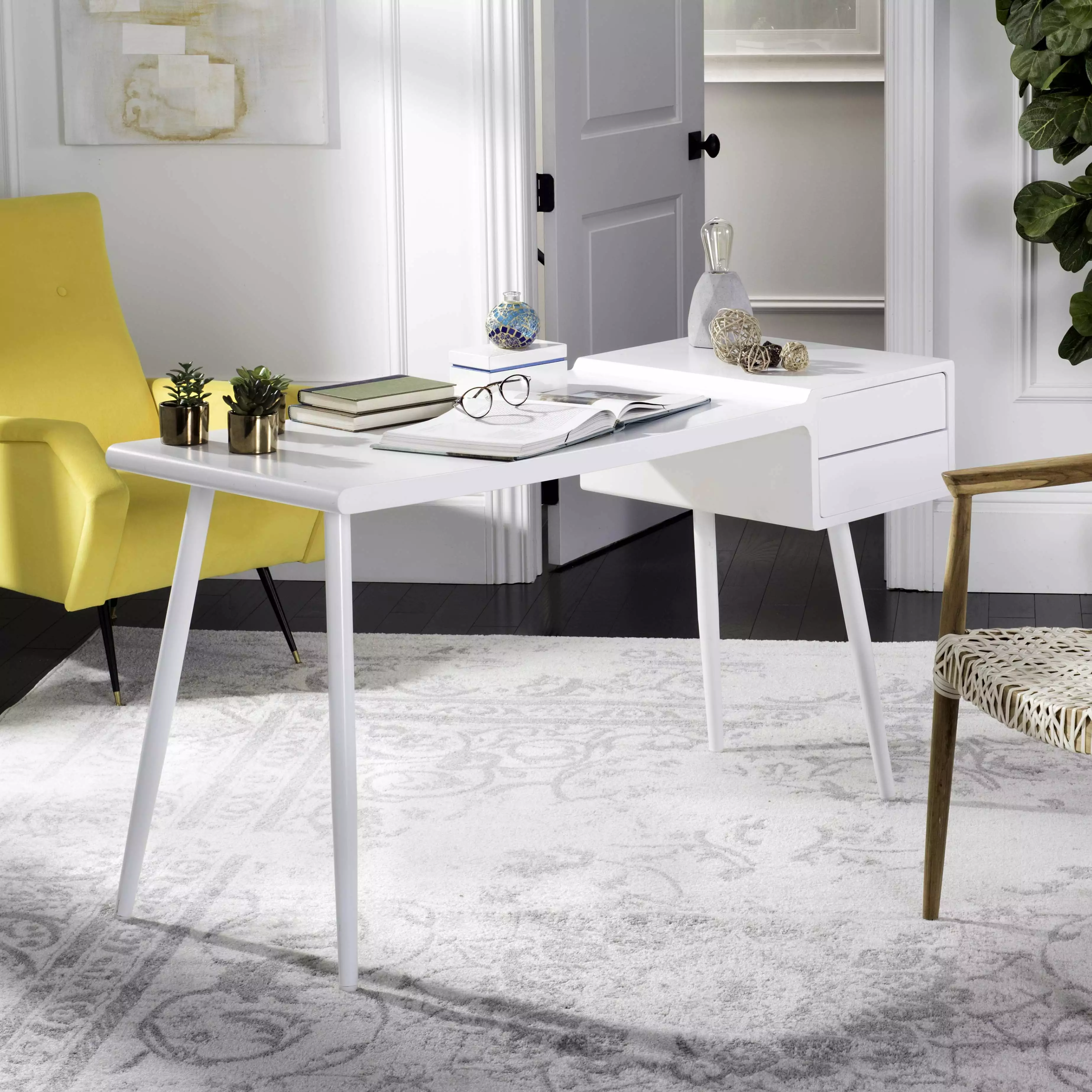 SAFAVIEH Ferli White Mid-Century Scandinavian Two Drawer Desk Home Office