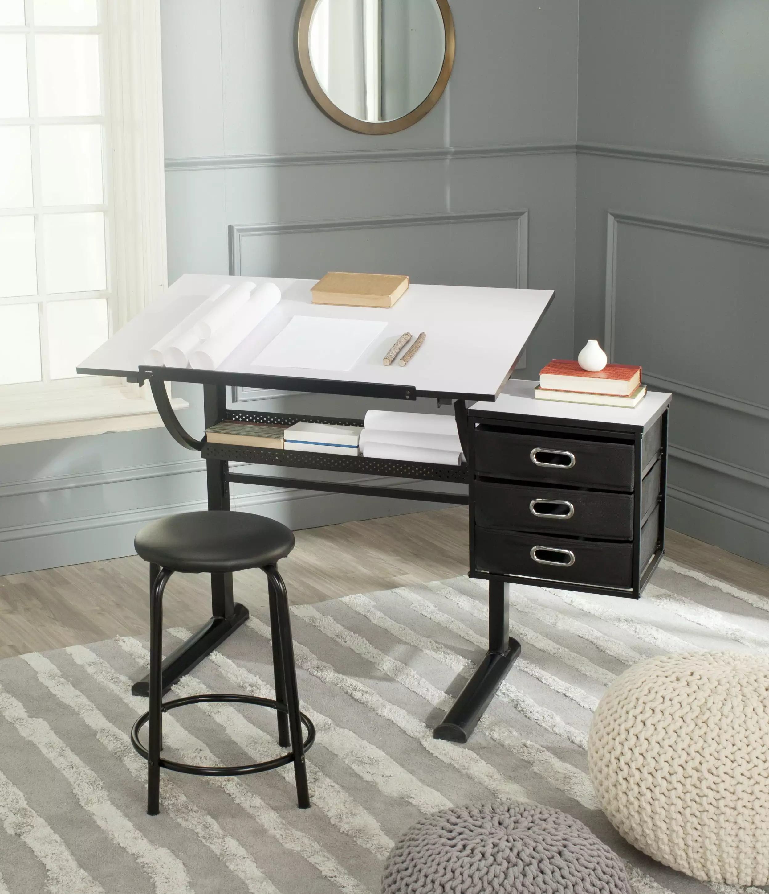 SAFAVIEH Harvard Rustic Black White Writing Desk Stool Study Room