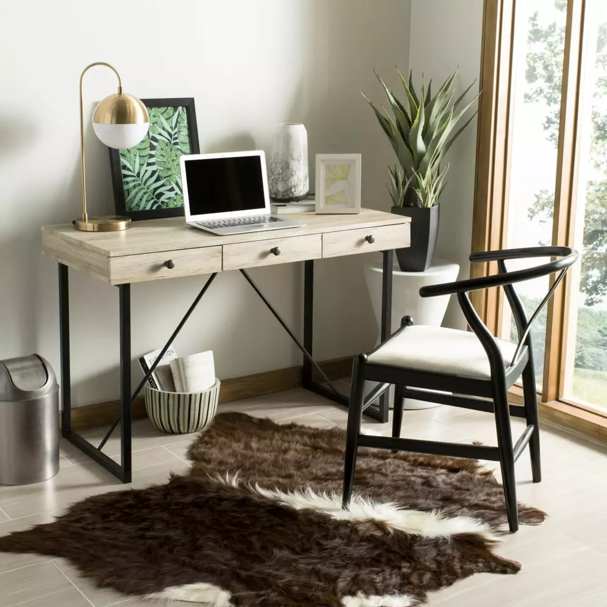 SAFAVIEH Hilton Mid-Century 3 Drawer Desk Oak and Black - Vintage Office Furniture