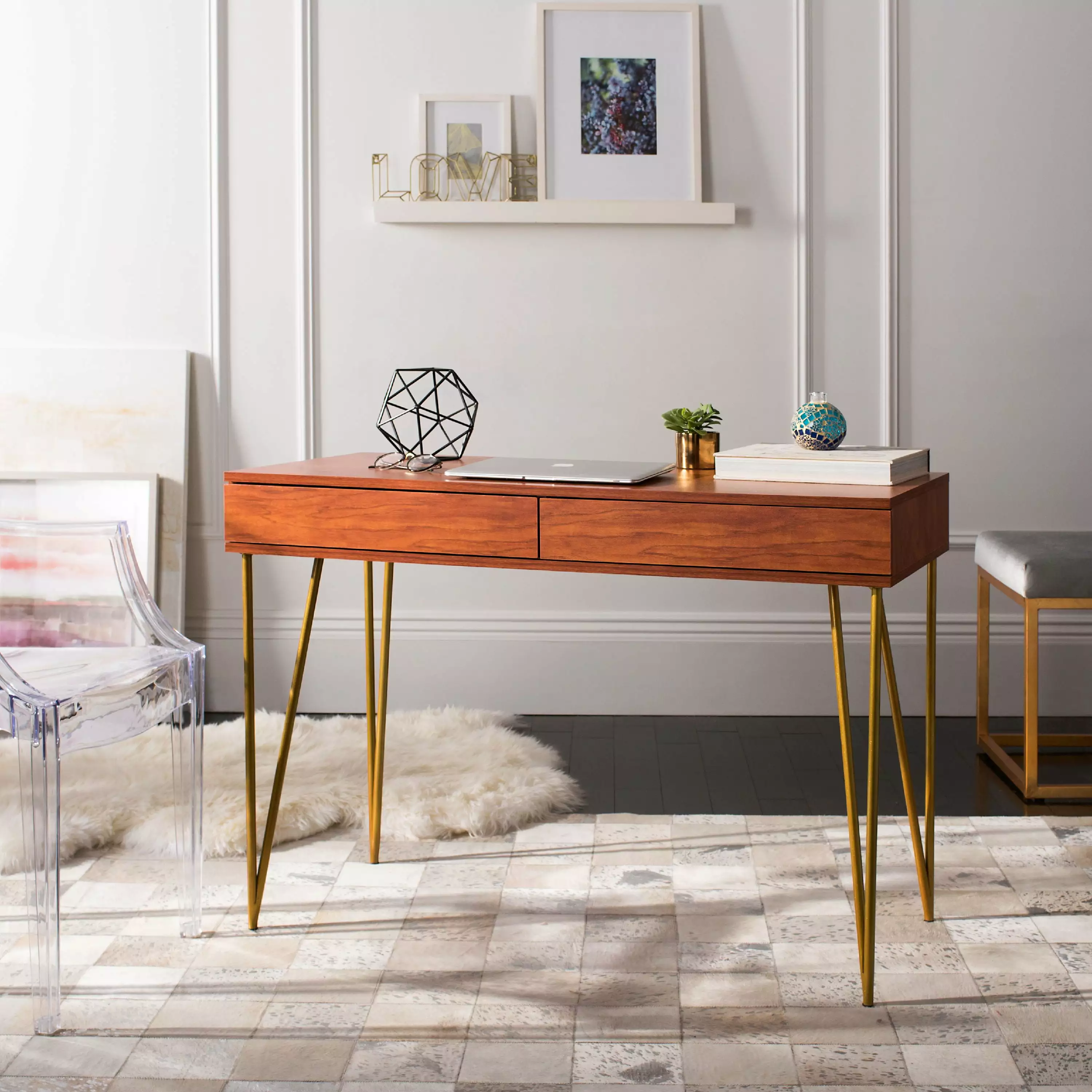 SAFAVIEH Pine Solid Mid-Century 2 Drawer Desk Natural Gold Finish