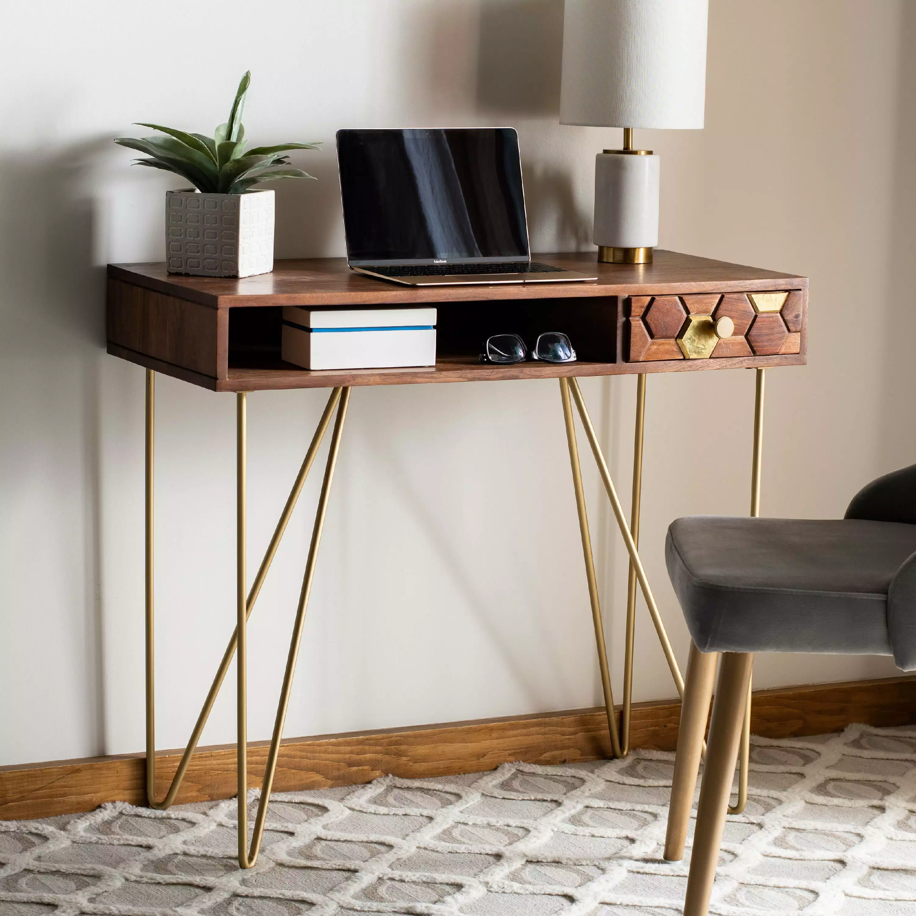 SAFAVIEH Raveena Mid-Century Writing Desk Drawer Walnut Brass Vintage Style