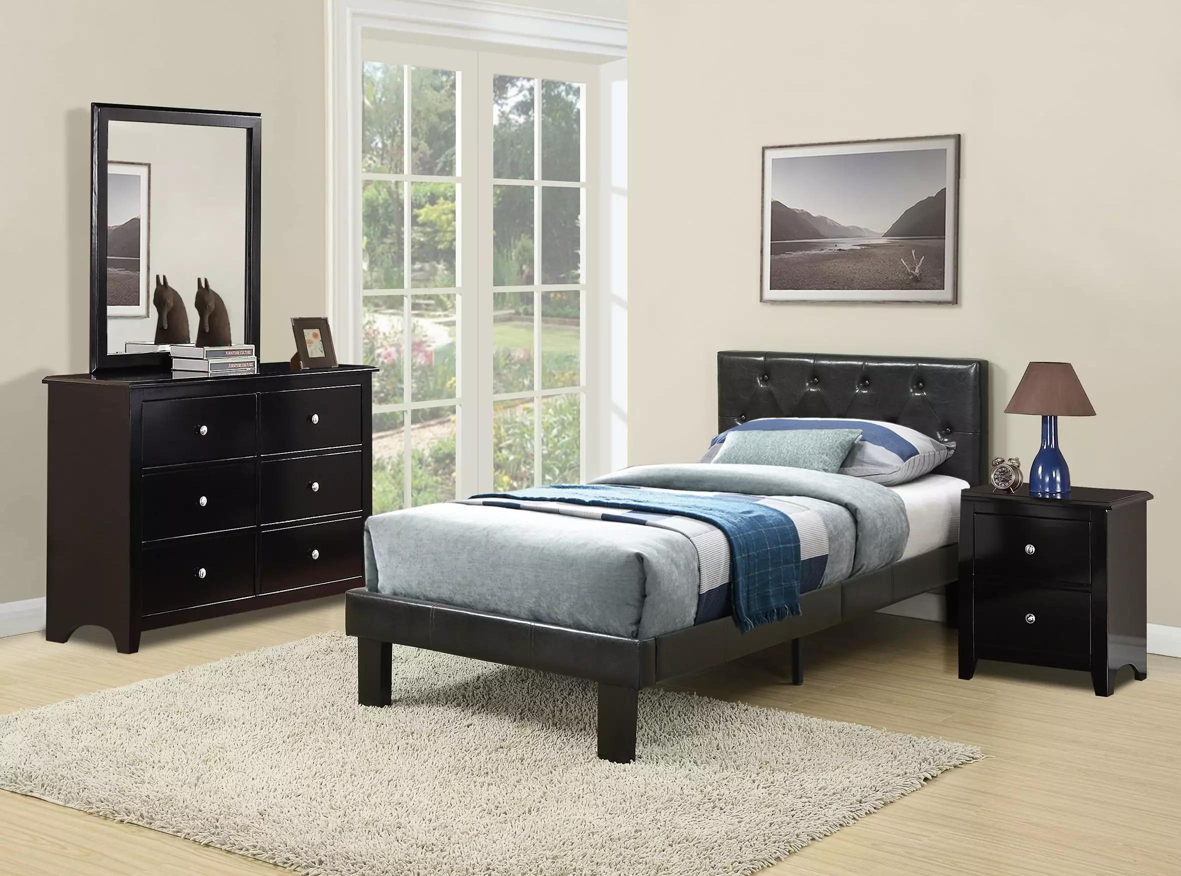 Poundex Youth Twin Upholstered Platform Bed Black