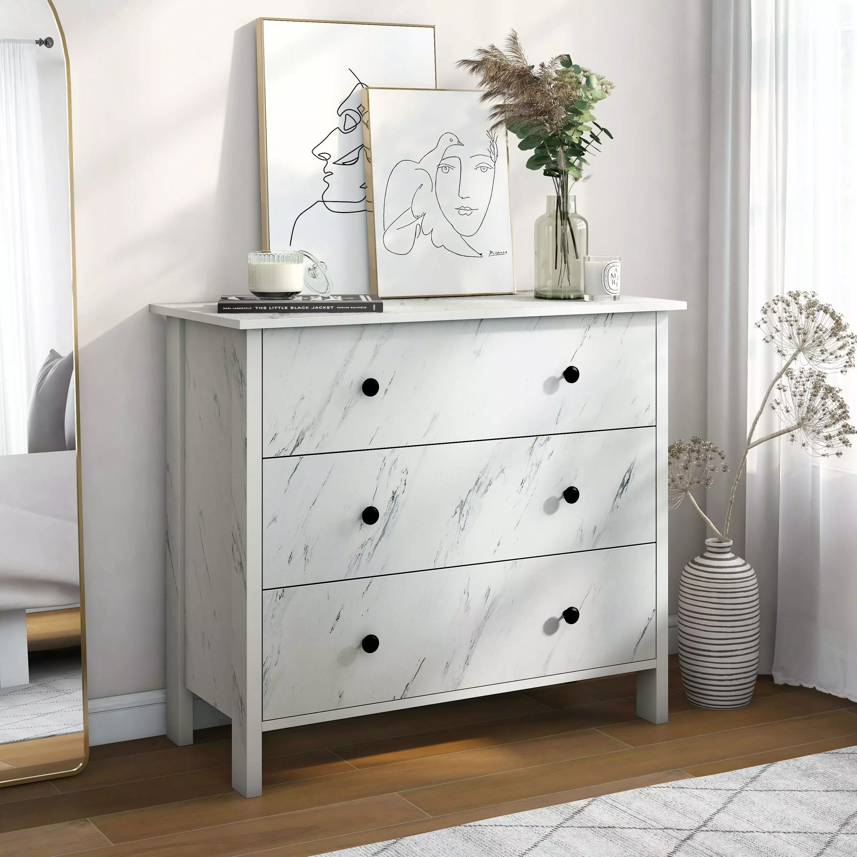 Denhour DH BASIC Transitional 34-inch Wide 3-Drawer Neutral Youth Dresser White Marble